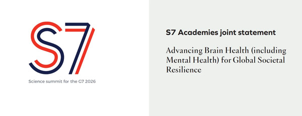 Logo with stylized letters 'S7' in red and blue followed by text 'Science summit for the G7 2026' and a statement titled 'S7 Academies joint statement' about advancing brain health including mental health for global societal resilience
