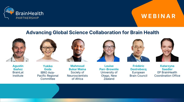 Headshots of six webinar speakers arranged in a row with their names and affiliations below each photo and the title 'Advancing Global Science Collaboration for Brain Health' above them