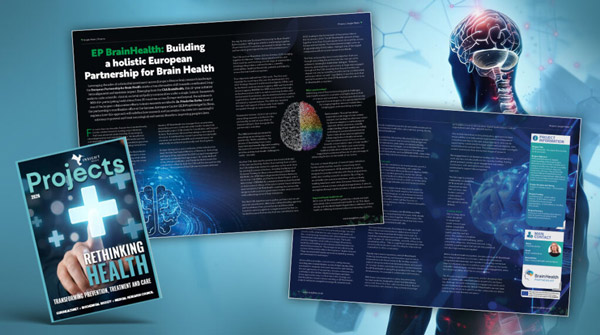 Magazine spread titled 'EP BrainHealth: Building a holistic European Partnership for Brain Health' with brain illustrations and a cover showing a hand holding a glowing cross symbol