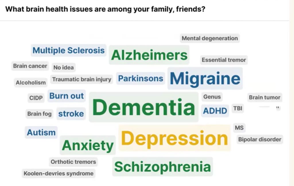 Word cloud showing brain health issues including Alzheimer's, Dementia, Depression, Schizophrenia, Anxiety, Migraine, Parkinsons, Multiple Sclerosis, Autism, stroke, ADHD, Burn out, and others.