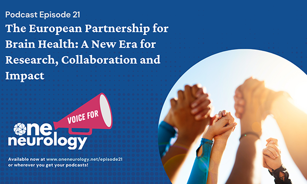 Podcast episode 21 title text about European Partnership for Brain Health on blue background with raised hands of diverse people on the right